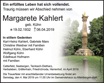 Traueranzeige von Margarete Kahlert von Ostthüringer Zeitung, Thüringische Landeszeitung