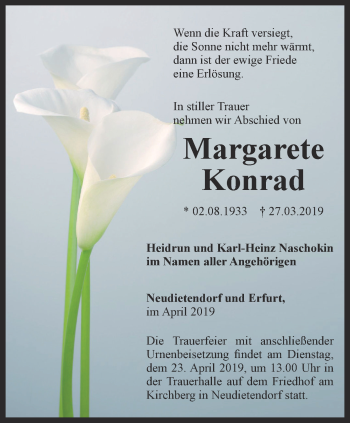 Traueranzeige von Margarete Konrad von Thüringer Allgemeine, Thüringische Landeszeitung