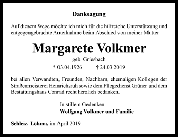Traueranzeige von Margarete Volkmer von Ostthüringer Zeitung