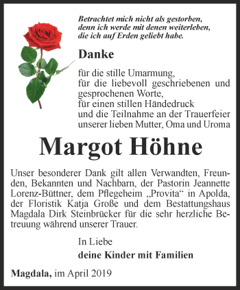 Traueranzeige von Margot Höhne von Thüringer Allgemeine, Thüringische Landeszeitung