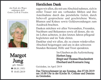 Traueranzeige von Margot Jung von Thüringer Allgemeine