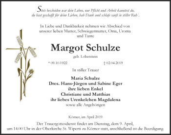 Traueranzeige von Margot Schulze von Thüringer Allgemeine, Thüringische Landeszeitung