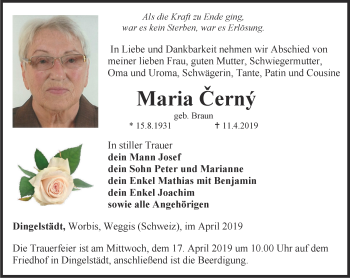 Traueranzeige von Maria Cerný von Thüringer Allgemeine