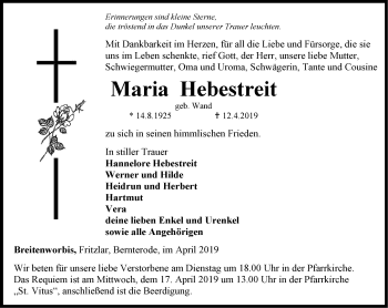 Traueranzeige von Maria Hebestreit von Thüringer Allgemeine