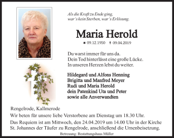 Traueranzeige von Maria Herold von Thüringer Allgemeine