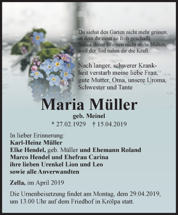 Traueranzeige von Maria Müller von Ostthüringer Zeitung