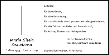 Traueranzeige von Maria Gisela Czauderna von Thüringer Allgemeine