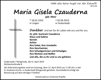 Traueranzeige von Maria Gisela Czauderna von Thüringer Allgemeine