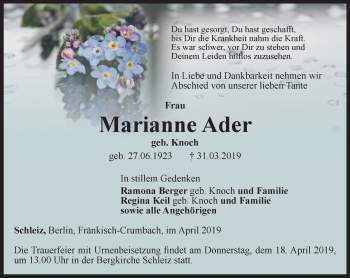 Traueranzeige von Marianne Ader von Ostthüringer Zeitung