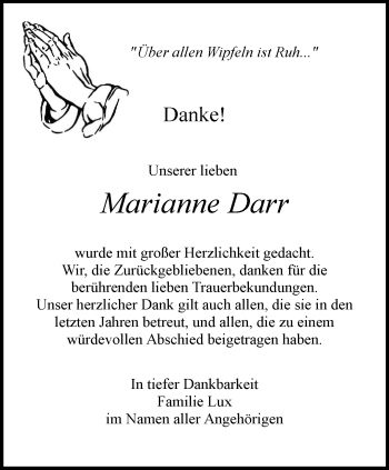 Traueranzeige von Marianne Darr von Ostthüringer Zeitung, Thüringische Landeszeitung