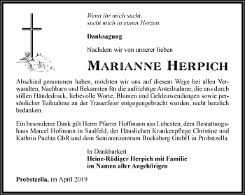 Traueranzeige von Marianne Herpich von Ostthüringer Zeitung