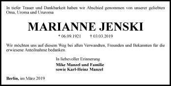 Traueranzeige von Marianne Jenski von Ostthüringer Zeitung