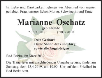 Traueranzeige von Marianne Oschatz von Thüringer Allgemeine, Thüringische Landeszeitung