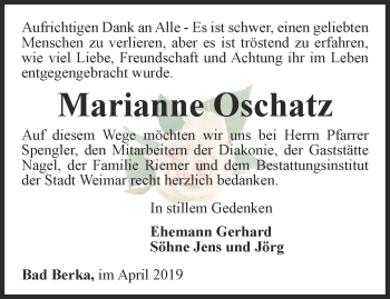 Traueranzeige von Marianne Oschatz von Thüringer Allgemeine, Thüringische Landeszeitung