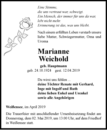 Traueranzeige von Marianne Weichold von Thüringer Allgemeine