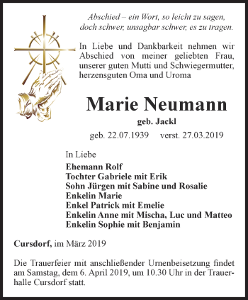 Traueranzeige von Marie Neumann von Ostthüringer Zeitung