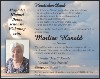 Traueranzeige von Marlies Hunold von Thüringer Allgemeine