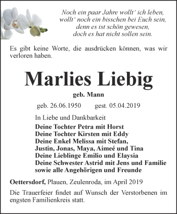 Traueranzeige von Marlies Liebig von Ostthüringer Zeitung