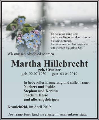 Traueranzeige von Martha Hillebrecht von Thüringer Allgemeine, Thüringische Landeszeitung