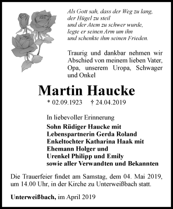 Traueranzeige von Martin Haucke von Ostthüringer Zeitung