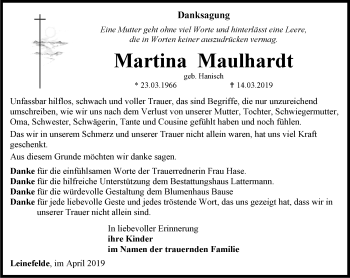 Traueranzeige von Martina Maulhardt von Thüringer Allgemeine