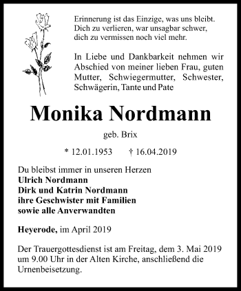 Traueranzeige von Monika Nordmann von Thüringer Allgemeine, Thüringische Landeszeitung