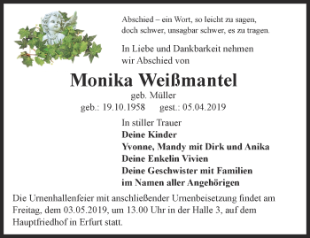 Traueranzeige von Monika Weißmantel