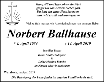 Traueranzeige von Norbert Ballhause von Ostthüringer Zeitung