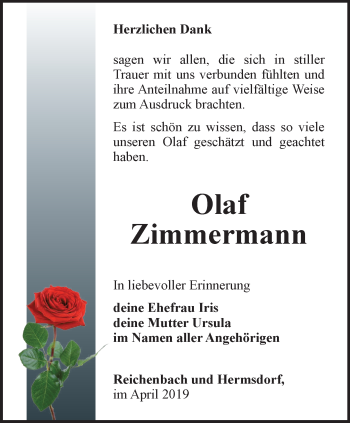 Traueranzeige von Olaf Zimmermann von Ostthüringer Zeitung