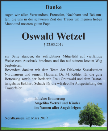 Traueranzeige von Oswald Wetzel von Thüringer Allgemeine