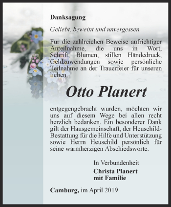 Traueranzeige von Otto Planert von Ostthüringer Zeitung, Thüringische Landeszeitung