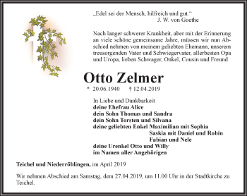 Traueranzeige von Otto Zelmer von Ostthüringer Zeitung