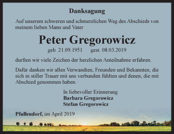 Traueranzeige von Peter Gregorowicz von Ostthüringer Zeitung, Thüringische Landeszeitung