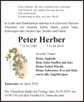 Traueranzeige von Peter Herber von Thüringer Allgemeine, Thüringische Landeszeitung