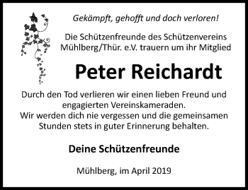 Traueranzeige von Peter Reichardt von Ostthüringer Zeitung, Thüringische Landeszeitung