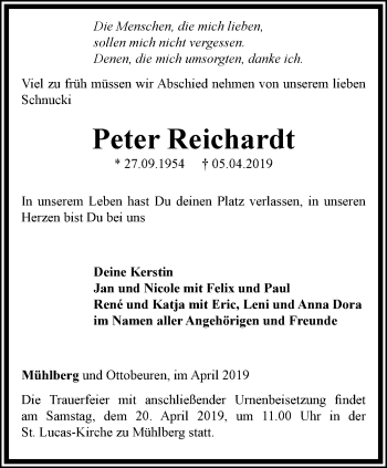 Traueranzeige von Peter Reichardt von Ostthüringer Zeitung, Thüringische Landeszeitung