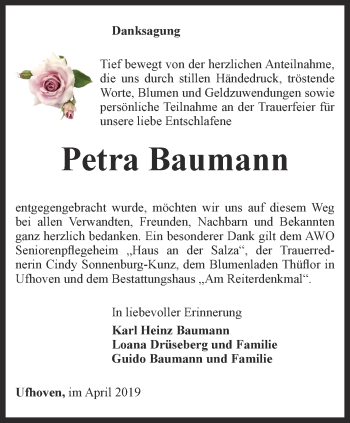 Traueranzeige von Petra Baumann von Thüringer Allgemeine, Thüringische Landeszeitung