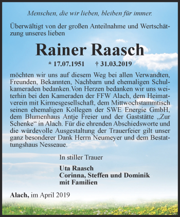 Traueranzeige von Rainer Raasch von Thüringer Allgemeine, Thüringische Landeszeitung