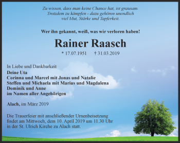 Traueranzeige von Rainer Raasch von Thüringer Allgemeine, Thüringische Landeszeitung