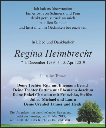 Traueranzeige von Regina Heimbrecht von Ostthüringer Zeitung, Thüringische Landeszeitung