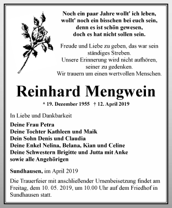 Traueranzeige von Reinhard Mengwein von Ostthüringer Zeitung, Thüringische Landeszeitung