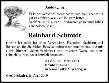 Traueranzeige von Reinhard Schmidt von Ostthüringer Zeitung