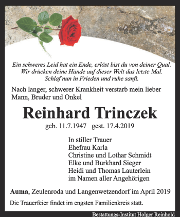 Traueranzeige von Reinhard Trinczek von Ostthüringer Zeitung