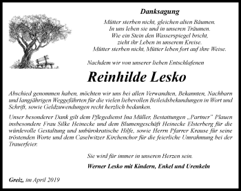 Traueranzeige von Reinhilde Lesko von Ostthüringer Zeitung