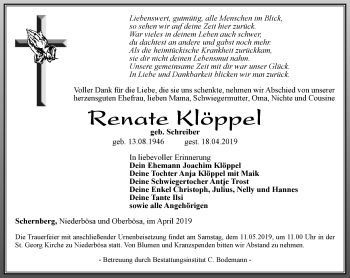 Traueranzeige von Renate Klöppel von Thüringer Allgemeine