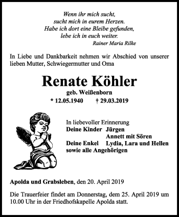 Traueranzeige von Renate Köhler von Thüringer Allgemeine, Thüringische Landeszeitung