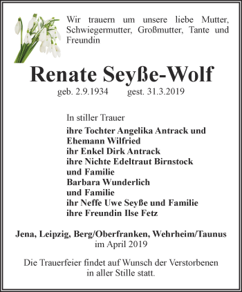 Traueranzeige von Renate Seyße-Wolf von Ostthüringer Zeitung, Thüringische Landeszeitung