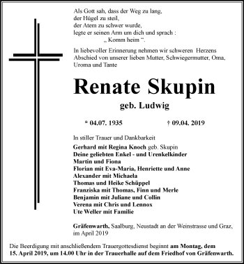 Traueranzeige von Renate Skupin von Ostthüringer Zeitung