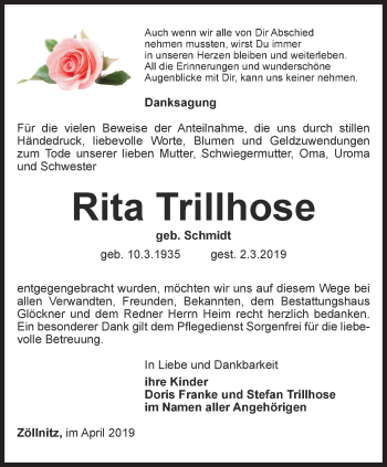 Traueranzeige von Rita Trillhose von Ostthüringer Zeitung, Thüringische Landeszeitung