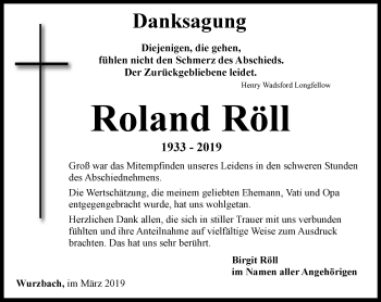 Traueranzeige von Roland Röll von Ostthüringer Zeitung